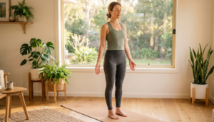 Beginner doing mountain pose yoga